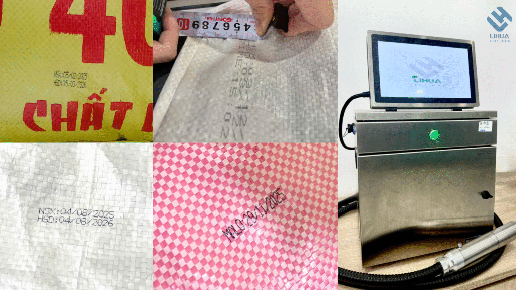 Máy in phun date EB+1580 do Lihua cung cấp chuyên in date lên bao gạo